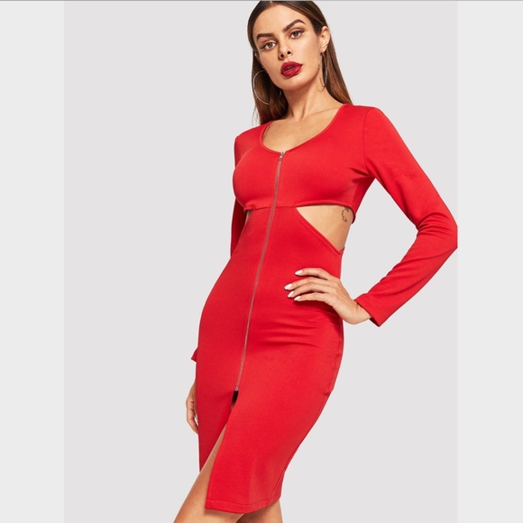 Zip Front Cut Out Slit Bodycon Red Dress Slim - Picture 2 of 7